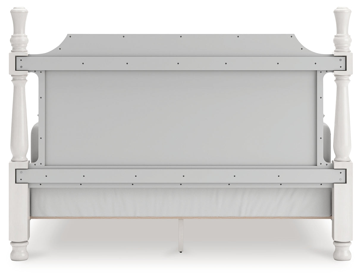 Rowlenstown California King Poster Bed with Mirrored Dresser in Antique White from Ashley - Luna Furniture