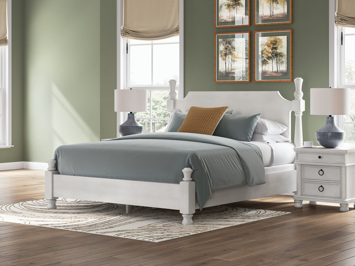 Rowlenstown California King Poster Bed with Mirrored Dresser in Antique White from Ashley - Luna Furniture