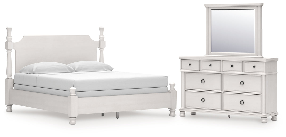 Rowlenstown California King Poster Bed with Mirrored Dresser in Antique White from Ashley - Luna Furniture