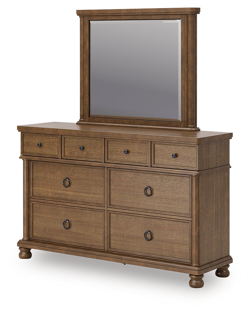Rowlenstown California King Poster Bed with Mirrored Dresser in Brown from Ashley - Luna Furniture