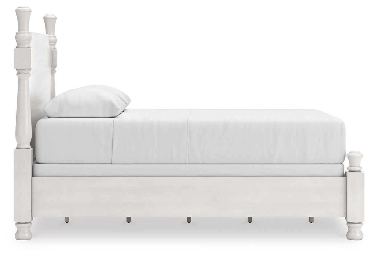 Rowlenstown Queen Poster Bed with Mirrored Dresser and Nightstand in Antique White from Ashley - Luna Furniture