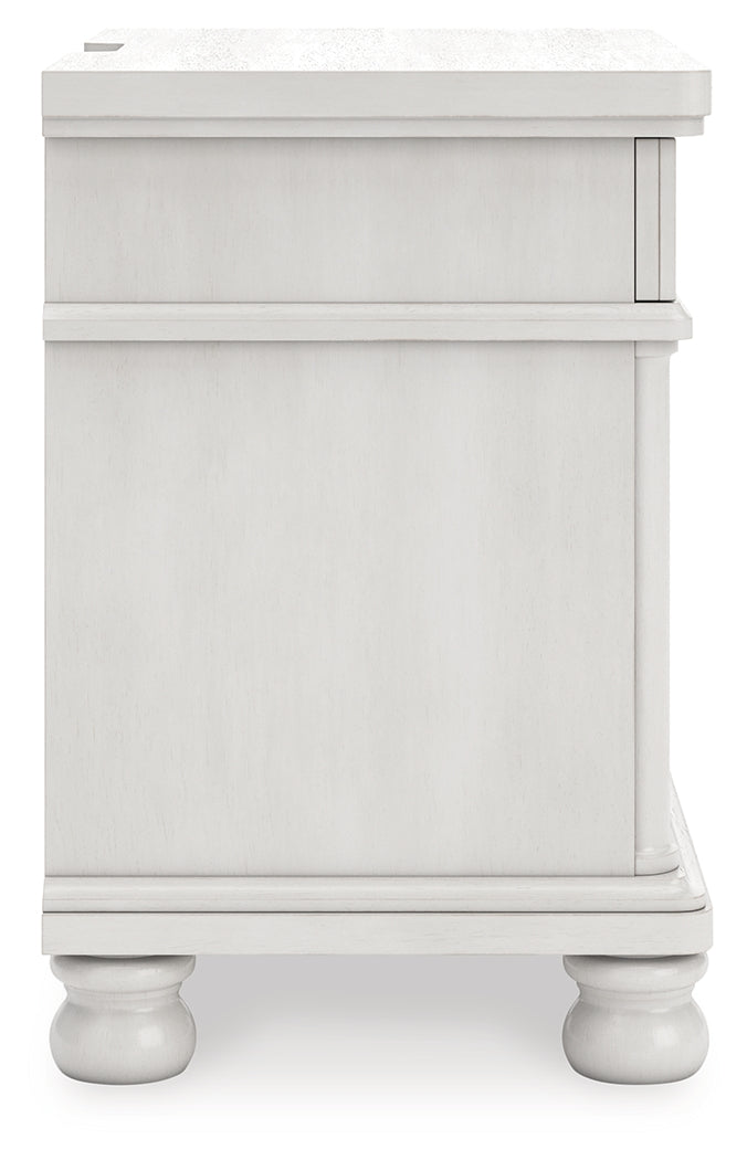 Rowlenstown Queen Poster Bed with Mirrored Dresser and Nightstand in Antique White from Ashley - Luna Furniture
