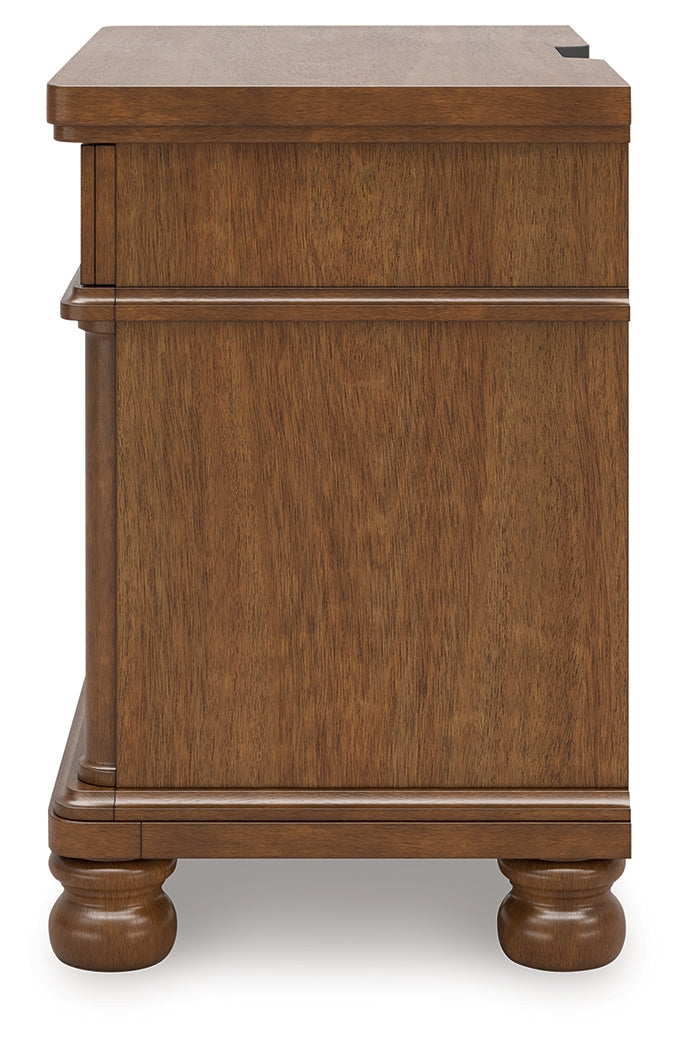 Rowlenstown Queen Poster Bed with Mirrored Dresser and Nightstand in Brown from Ashley - Luna Furniture