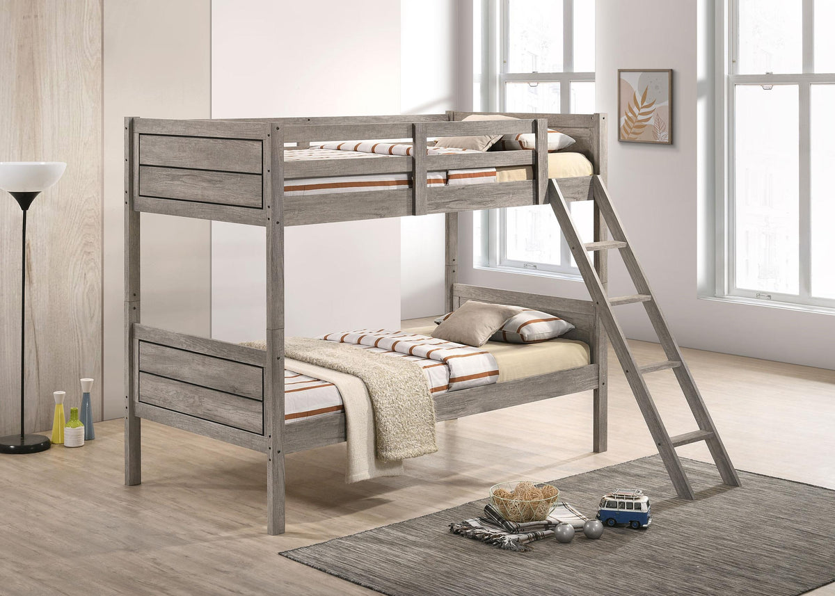 Ryder Weathered Taupe Wood Twin Over Twin Bunk Bed with Mattresses from Coaster - Luna Furniture