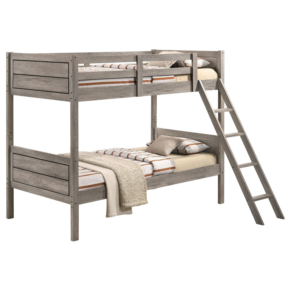 Ryder Weathered Taupe Wood Twin Over Twin Bunk Bed with Mattresses from Coaster - Luna Furniture