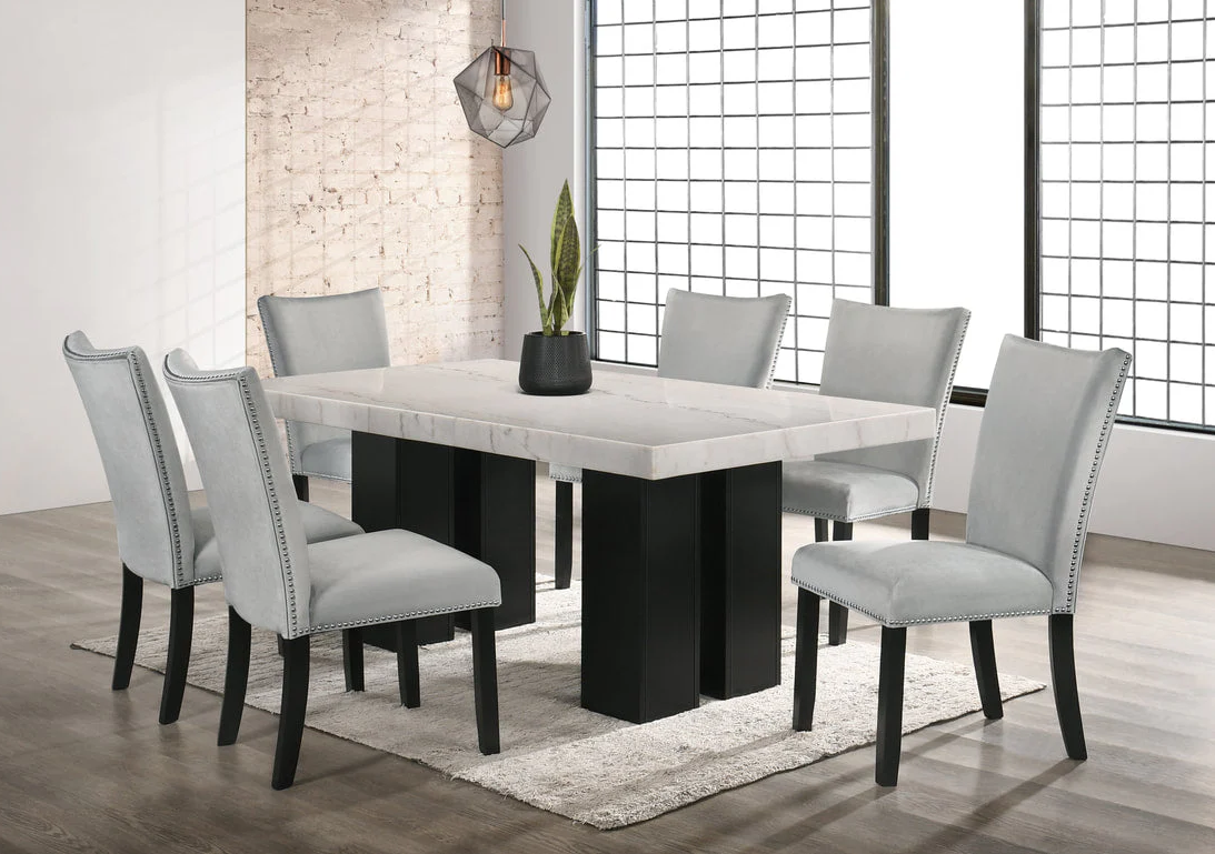 Finland Gray/White Genuine Marble 7-Piece Dining Set (Table & 6 Chairs) from Happy Homes - Luna Furniture