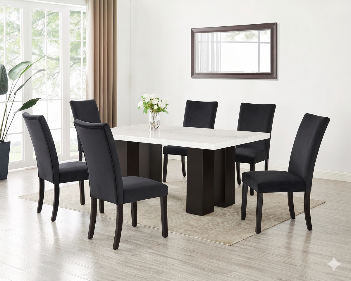 Finland Black/White Genuine Marble 7-Piece Dining Set (Table & 6 Chairs) from Happy Homes - Luna Furniture