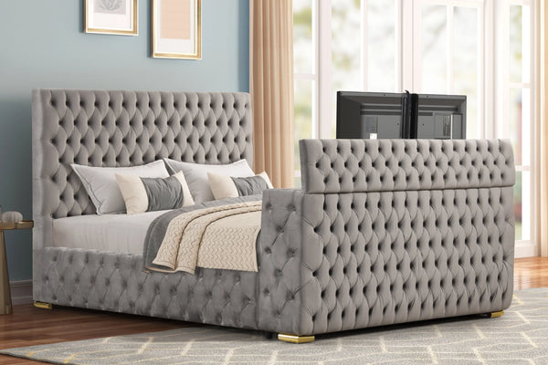 Future Gray Queen Velvet Platform Bed with TV Lift