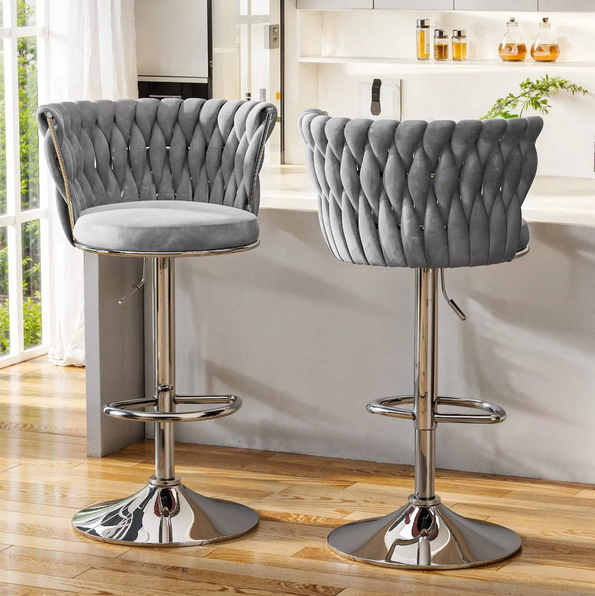 Argenta Gray/Chrome Modern Welvet Swivel Bar Chair with Adjustable Height, Set of 2