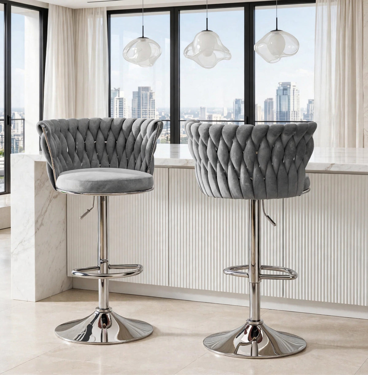 Argenta Gray/Chrome Modern Velvet Swivel Bar Chair with Adjustable Height, Set of 2 from Happy Homes - Luna Furniture