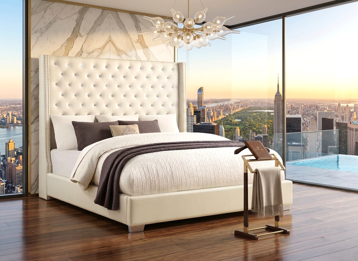 Tykocin White Faux Leather Upholstered Diamond King Bed from Happy Homes - Luna Furniture