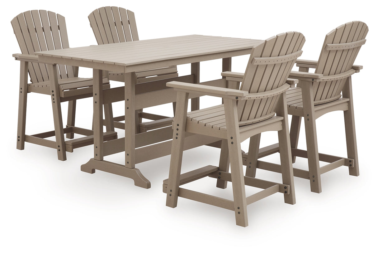 Seacliff Beach Outdoor Counter Height Dining Table and 4 Barstools in Medium Brown from Ashley - Luna Furniture