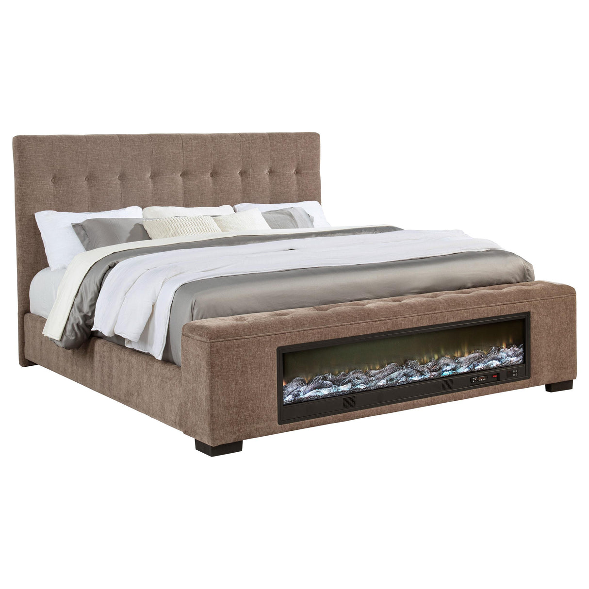 Senna Brown Upholstered California King Audio Fireplace Bed from Coaster - Luna Furniture