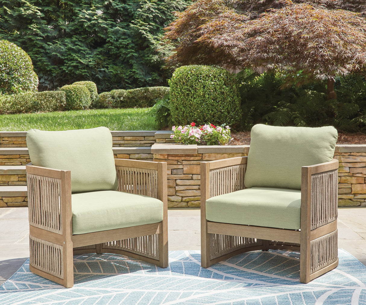 Serena Shores Outdoor Sofa and 2 Chairs in Beige/Green from Ashley Furniture - Luna Furniture