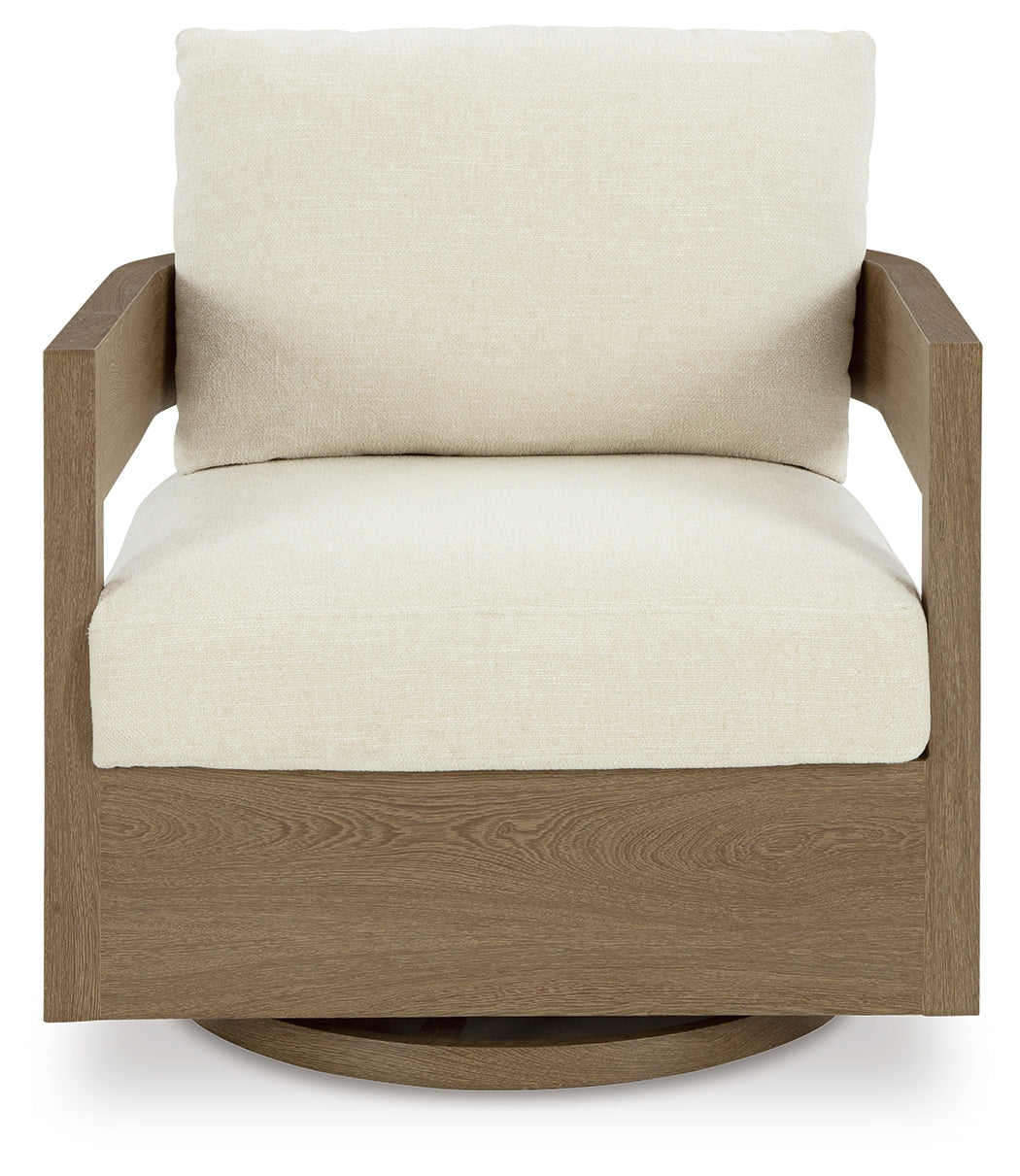 Serene Bay Dark Brown/White Outdoor Swivel Glider Chair with Cushion from Ashley - Luna Furniture