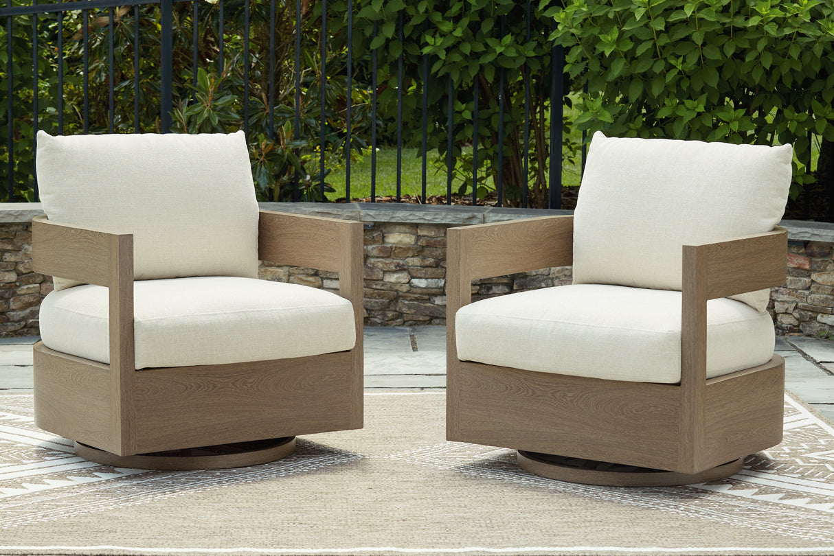 Serene Bay Dark Brown/White Outdoor Swivel Glider Chair with Cushion from Ashley - Luna Furniture