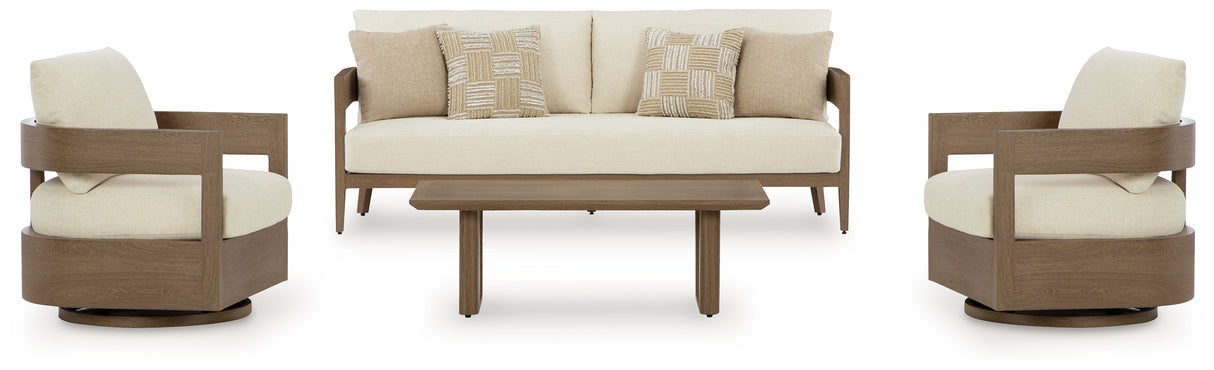 Serene Bay Outdoor Sofa and 2 Chairs with Coffee Table in Dark Brown/White from Ashley Furniture - Luna Furniture