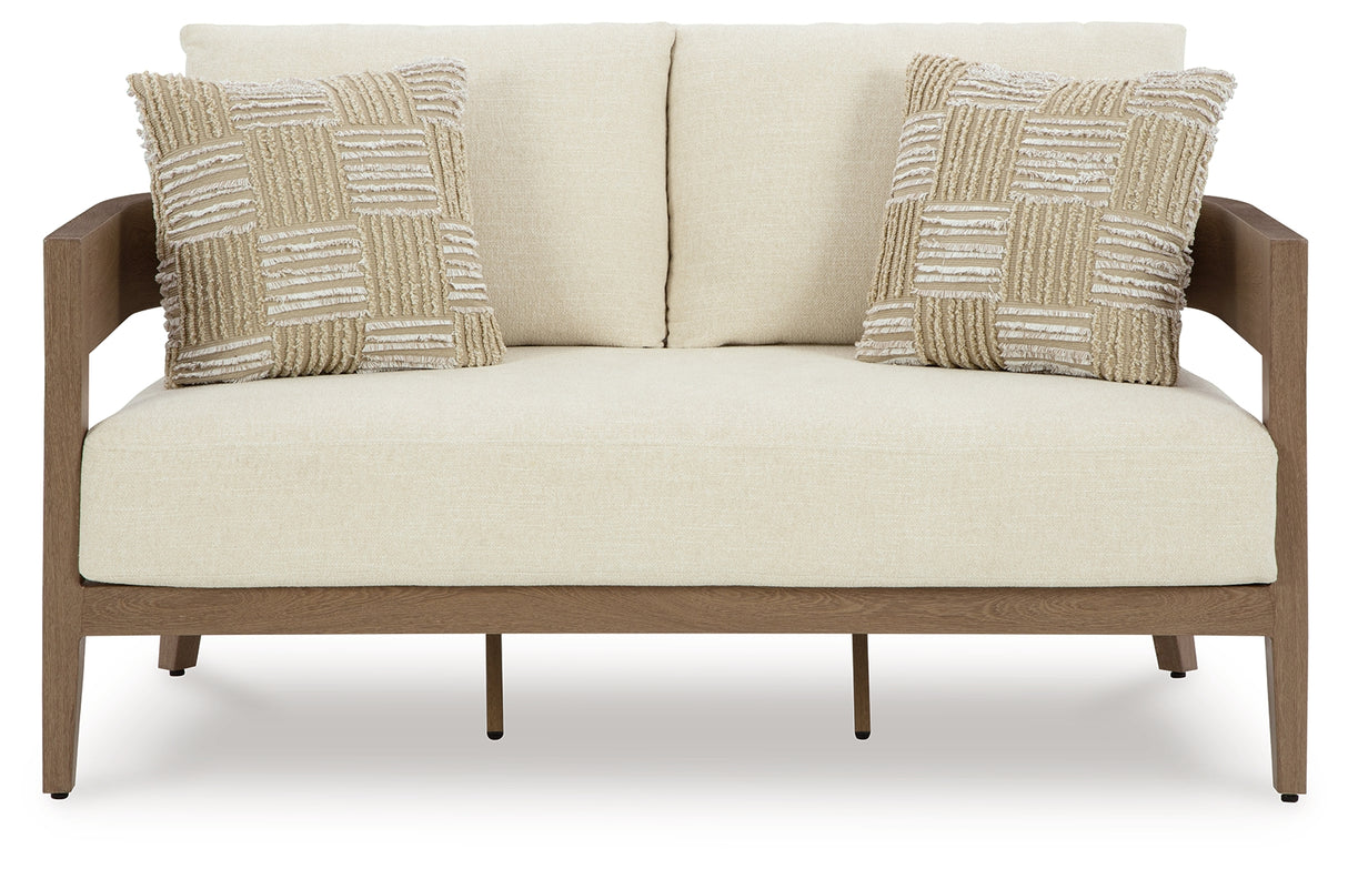Serene Bay Outdoor Sofa and Loveseat with Coffee Table in Dark Brown/White from Ashley Furniture - Luna Furniture