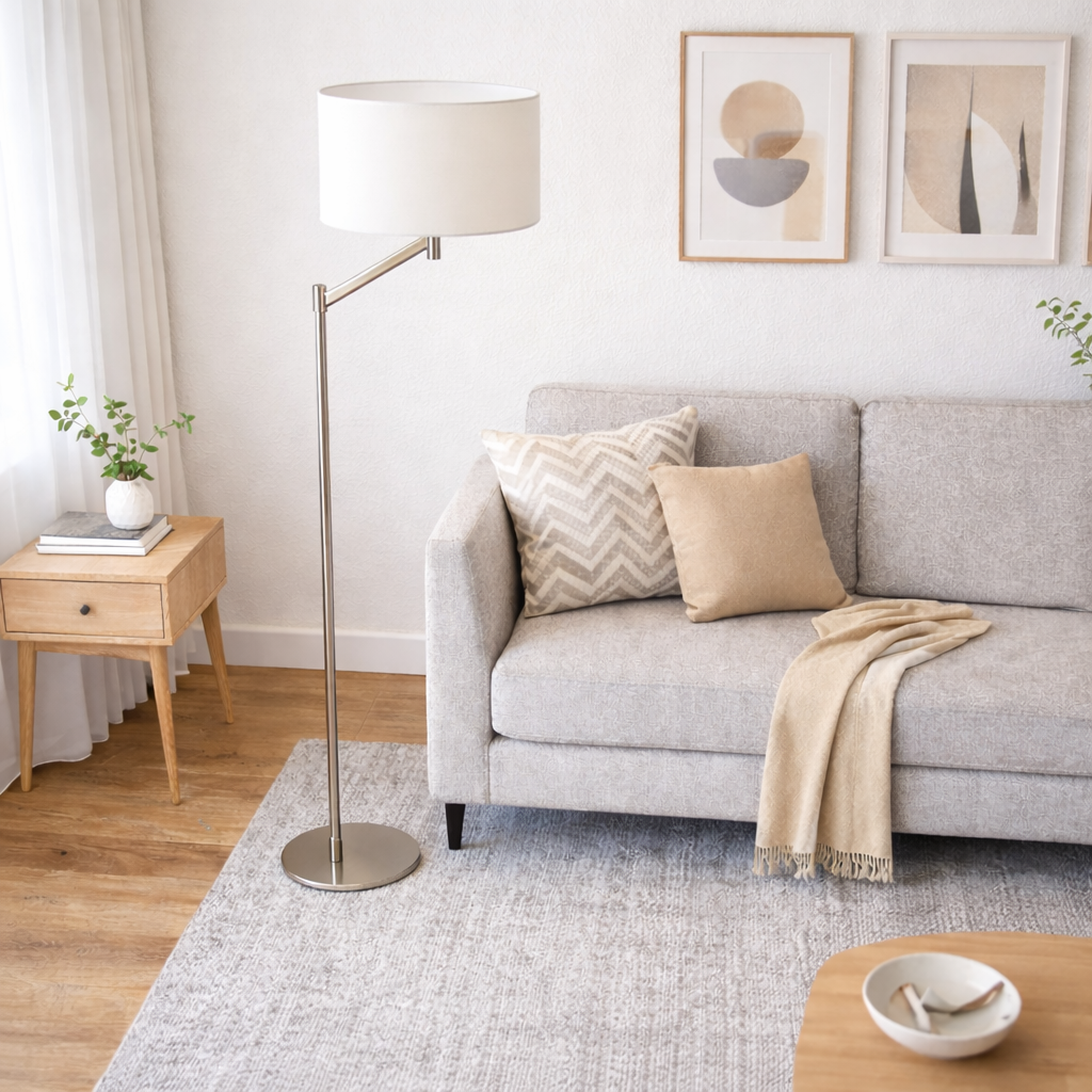 Serene Brushed Nickel Floor Lamp with Rotary Switch Metal Base White Linen Shade from Ashcroft Furniture - Luna Furniture