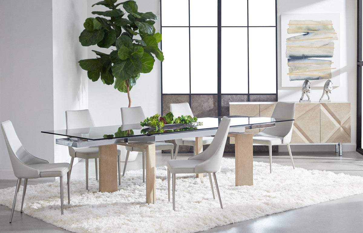Jett Extension Dining Table in Natural Gray Ash, Chrome, Smoke Gray Glass from Essentials For Living - Luna Furniture