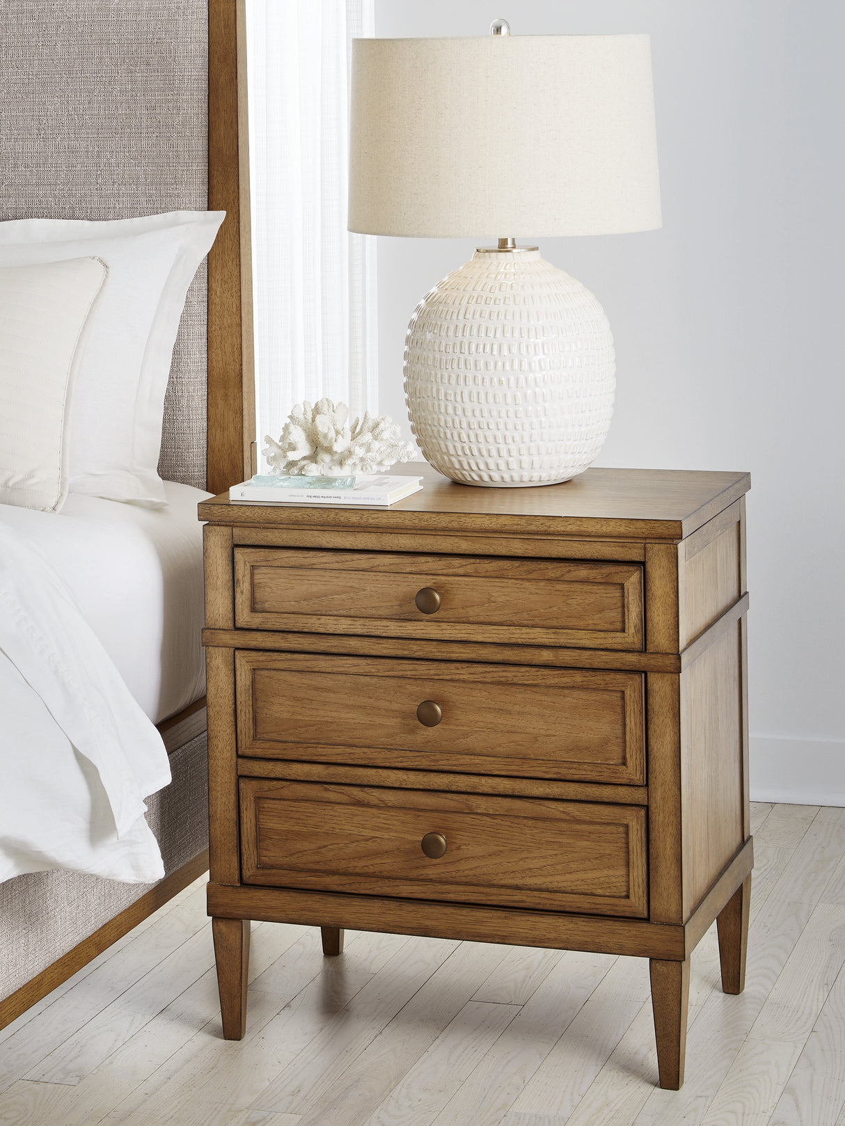 Sharlance King Upholstered Panel Bed with 2 Nightstands in Light Brown from Ashley - Luna Furniture