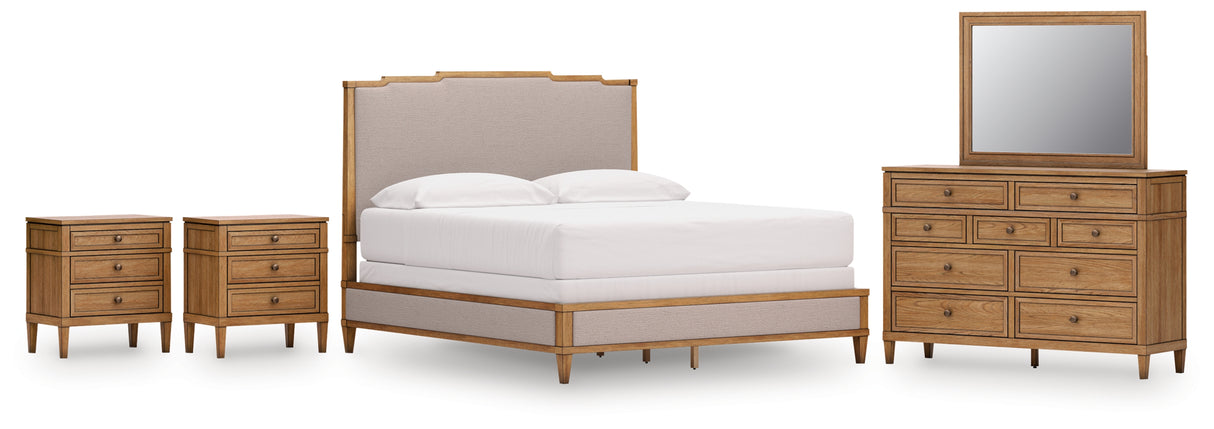 Sharlance King Upholstered Panel Bed with Mirrored Dresser and 2 Nightstands in Light Brown from Ashley - Luna Furniture