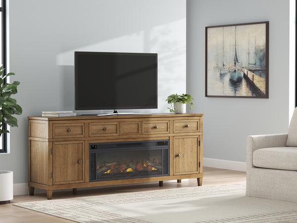 Sharlance Light Brown 81" TV Stand with Electric Fireplace