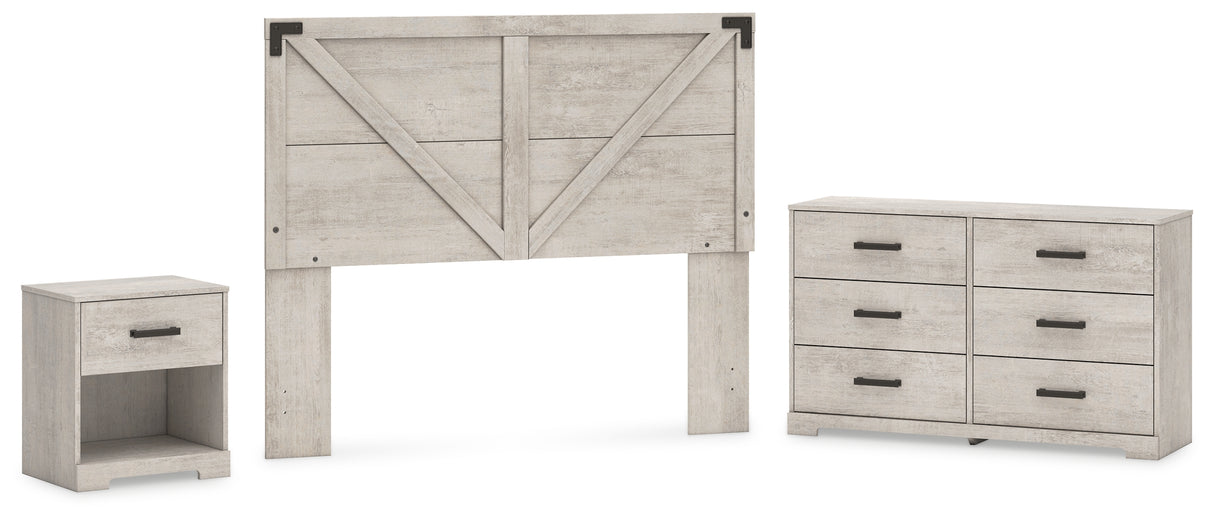 Shawburn Queen Crossbuck Panel Headboard with Dresser and Nightstand in Whitewash from Ashley - Luna Furniture