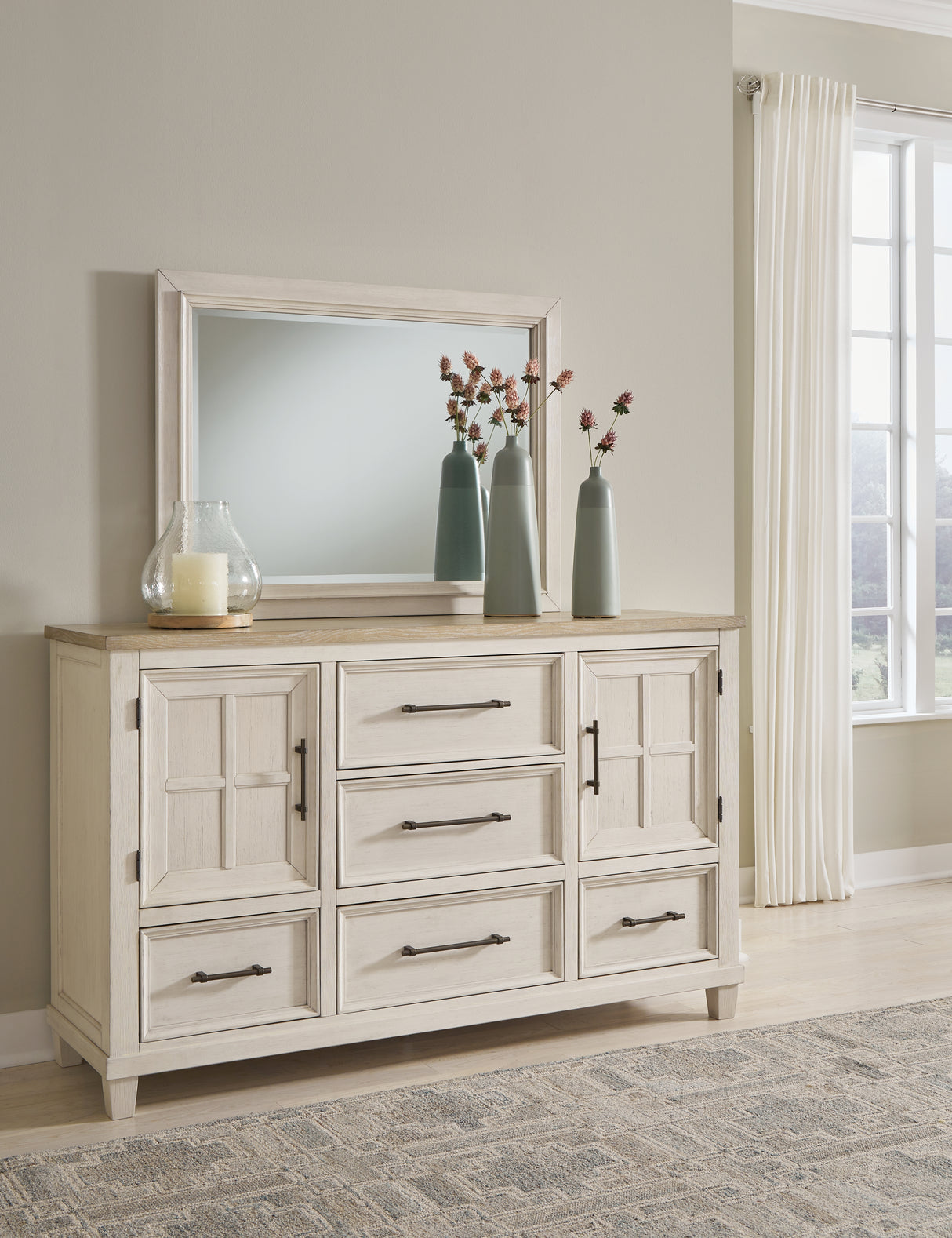 Shaybrock California King Panel Bed with Mirrored Dresser and Chest in Antique White from Ashley - Luna Furniture
