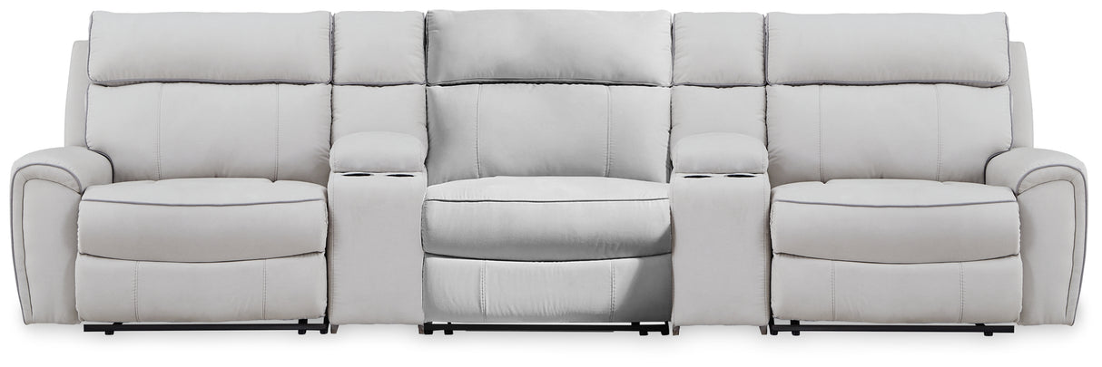 Social Pointe Pearl/Ash 5-Piece Reclining Sectional with Storage Consoles from Ashley Furniture - Luna Furniture