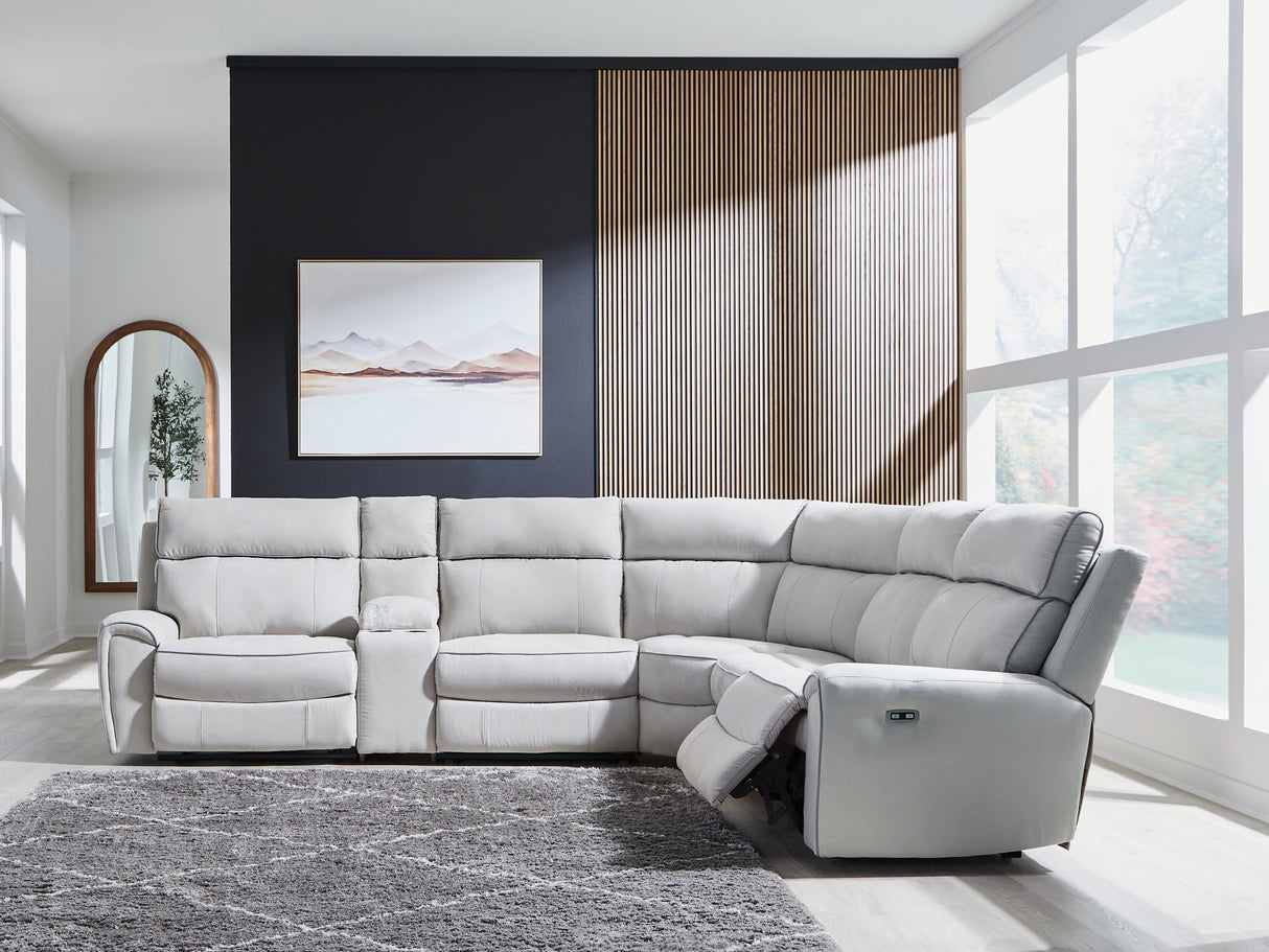 Social Pointe Pearl/Ash 6-Piece Power Reclining Sectional with Storage Console from Ashley - Luna Furniture