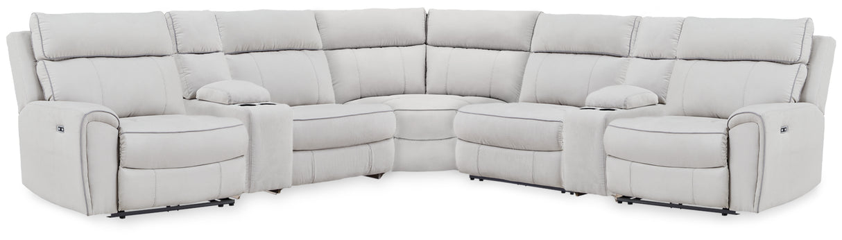 Social Pointe Pearl/Ash 7-Piece Reclining Sectional with Storage Consoles from Ashley Furniture - Luna Furniture