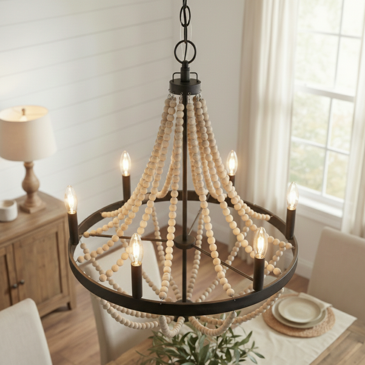 Starry Wood Chandelier Farmhouse Six Candle Light Wood Beaded Black Pendant Light for Dining Room from Ashcroft Furniture - Luna Furniture