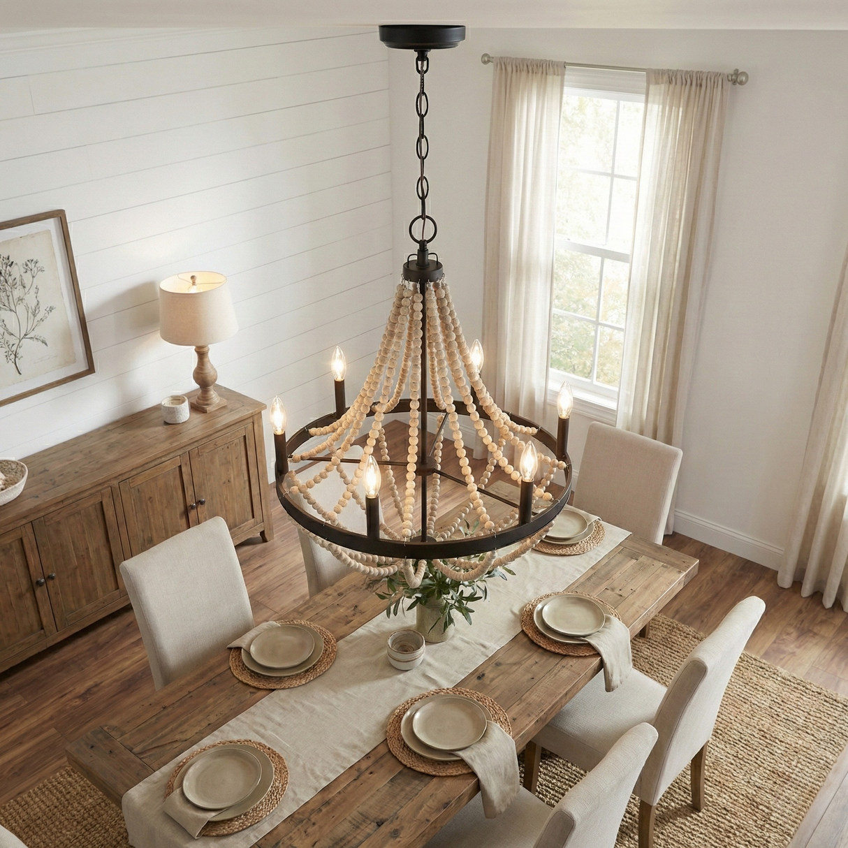 Starry Wood Chandelier Farmhouse Six Candle Light Wood Beaded Black Pendant Light for Dining Room from Ashcroft Furniture - Luna Furniture