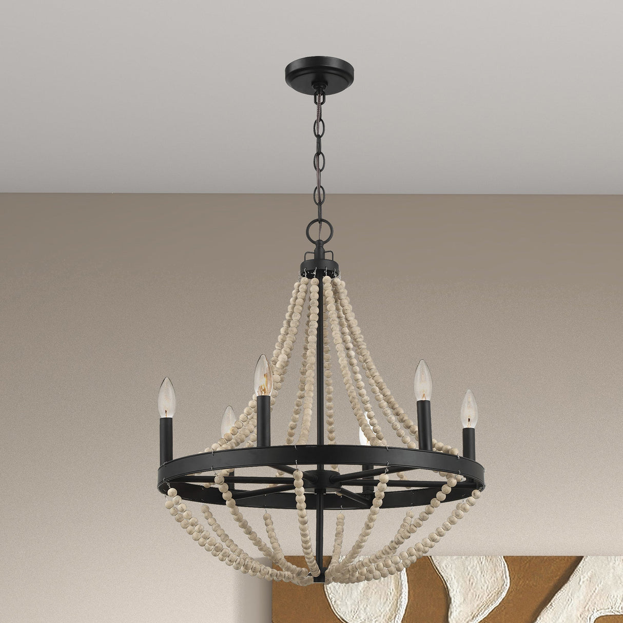 Starry Wood Chandelier Farmhouse Six Candle Light Wood Beaded Black Pendant Light for Dining Room from Midinmod - Luna Furniture