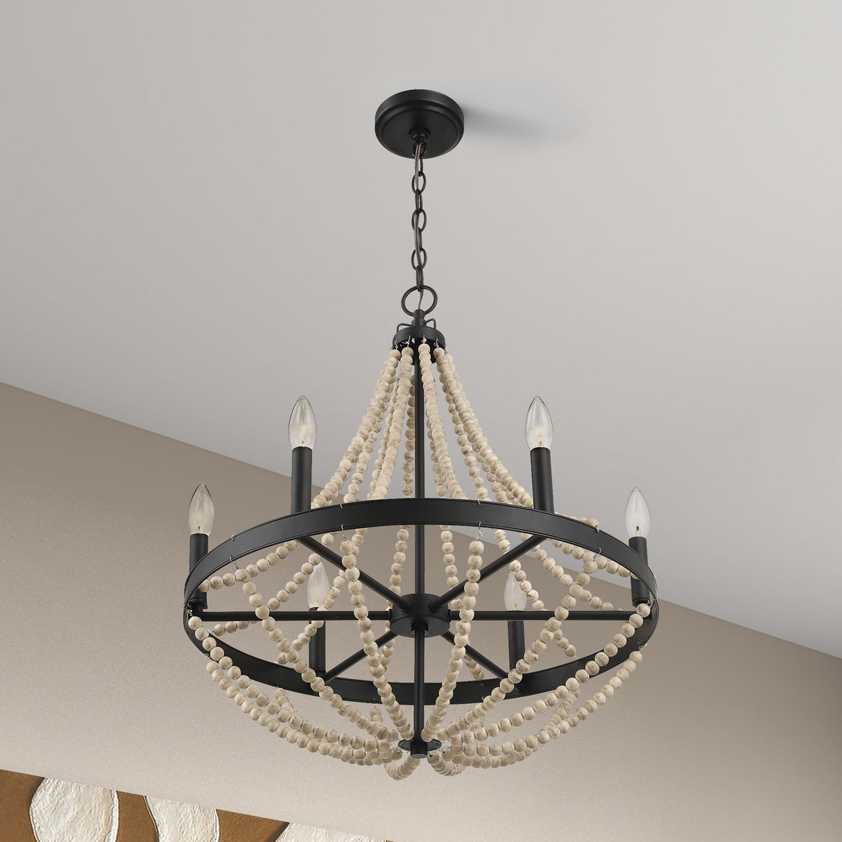 Starry Wood Chandelier Farmhouse Six Candle Light Wood Beaded Black Pendant Light for Dining Room from Midinmod - Luna Furniture