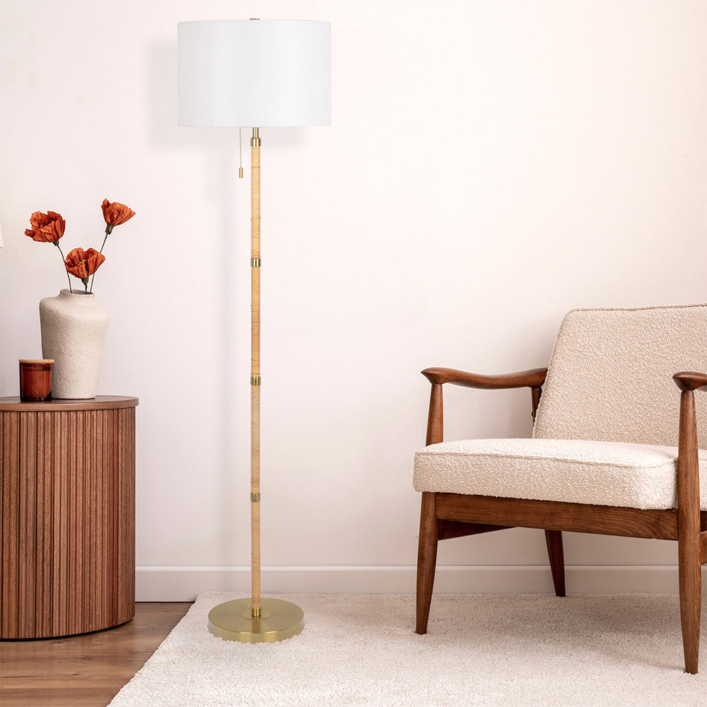 Stellar Wood Rattan Tube , Gold Brass Metal and White Linen Shade Floor Lamp from Midinmod - Luna Furniture