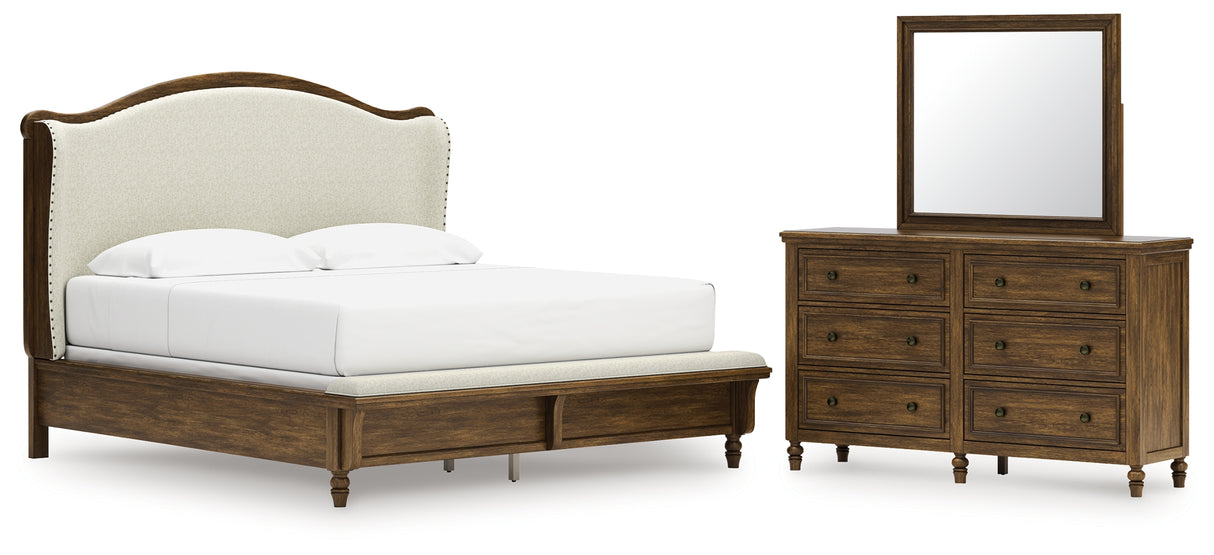 Sturlayne King Upholstered Panel Bed with Mirrored Dresser in Brown from Ashley - Luna Furniture