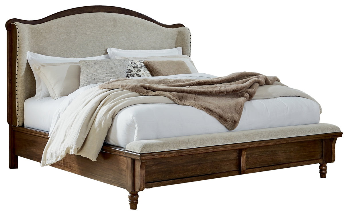 Sturlayne Queen Upholstered Panel Bed with Mirrored Dresser in Brown from Ashley - Luna Furniture
