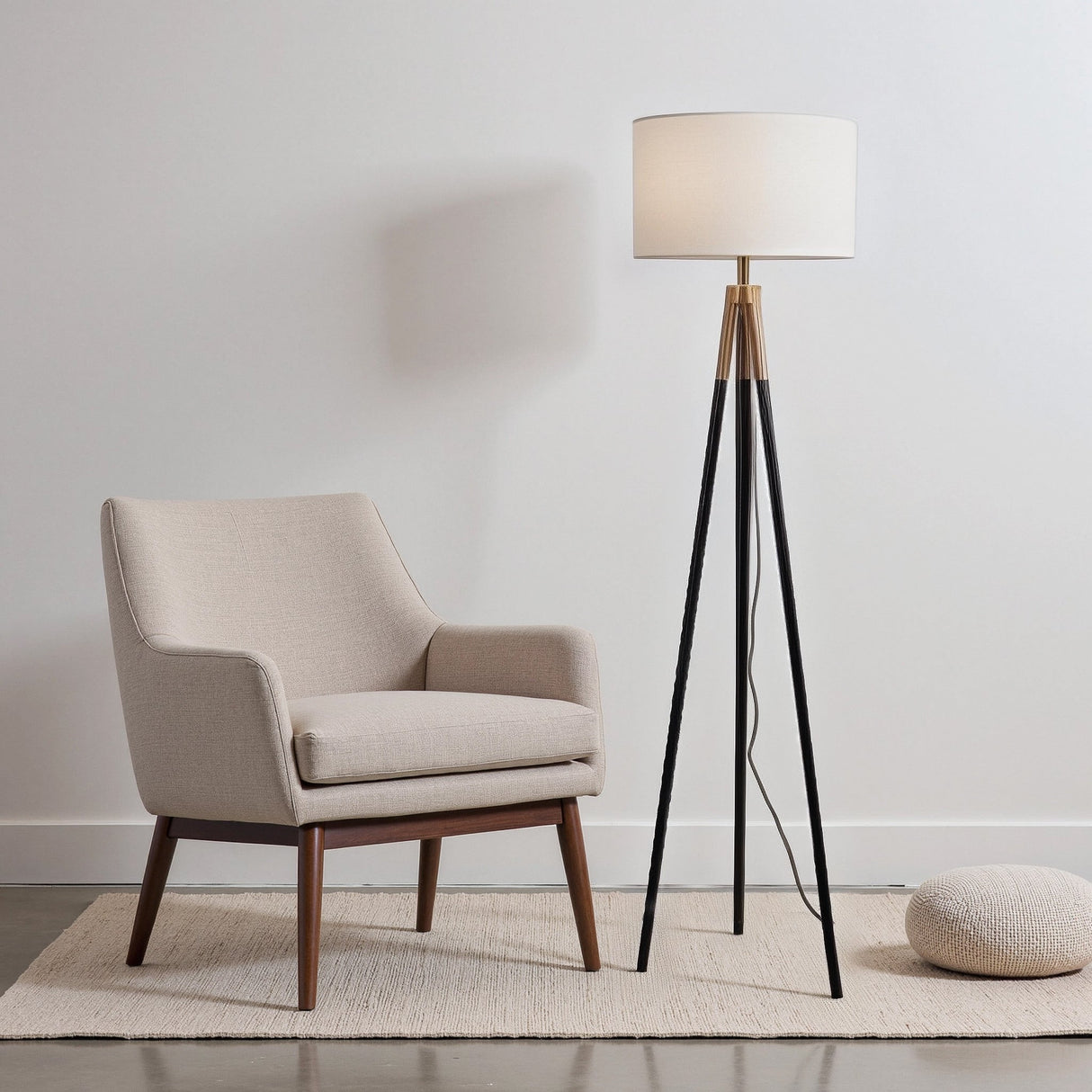 Sway Brassed Gold Floor Lamp with On/Off Switch Triple Legs White Fabric Shade from Midinmod - Luna Furniture