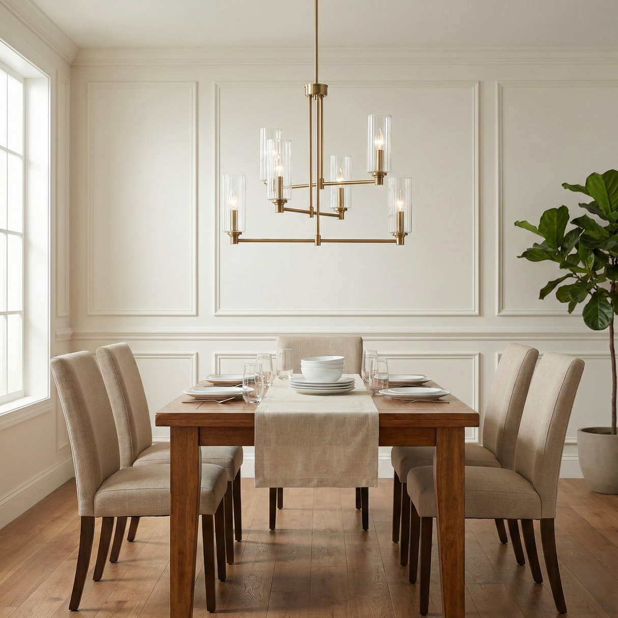 Timeless Six Lights Chandelier With Clear Ribbed Glass - Satin Brass from Ashcroft Furniture - Luna Furniture