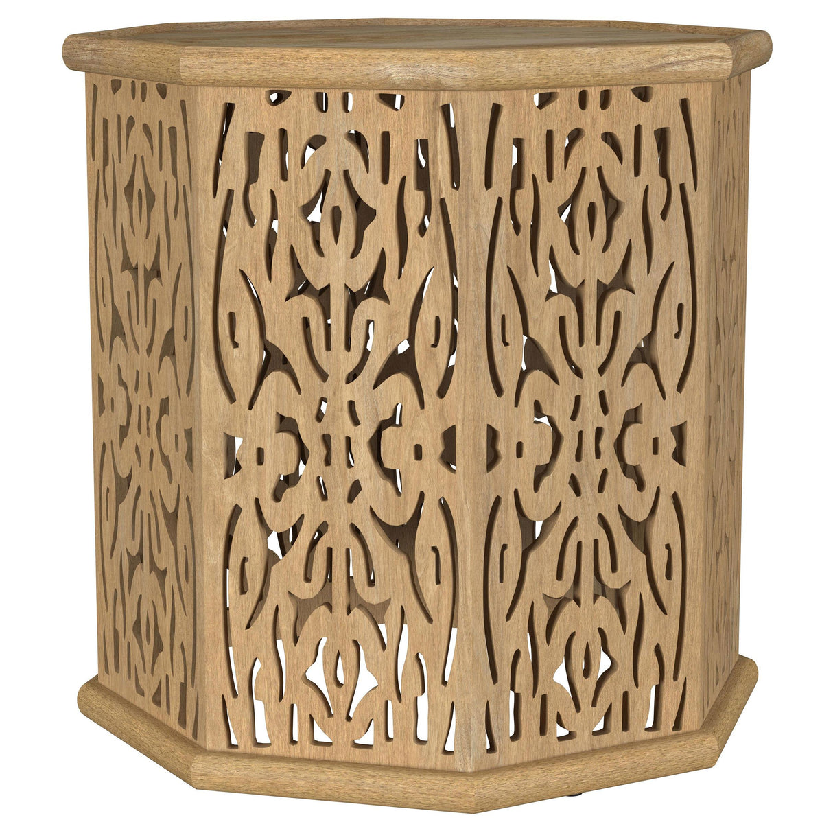 Torres Natural Brown Octagonal Solid Wood Side Table with Intricate Openwork Carvings from Coaster - Luna Furniture