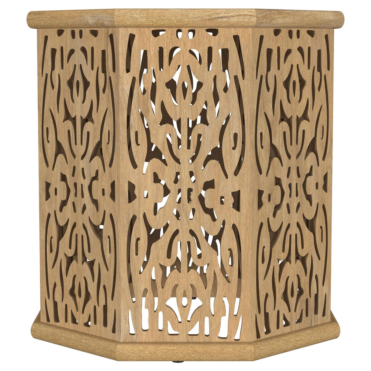 Torres Natural Brown Octagonal Solid Wood Side Table with Intricate Openwork Carvings from Coaster - Luna Furniture