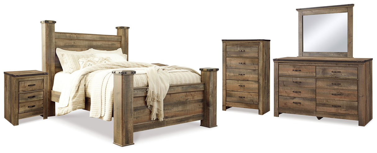 Trinell Brown Queen Poster Bed, Dresser, Mirror, Chest and 2 Nightstands from Ashley - Luna Furniture