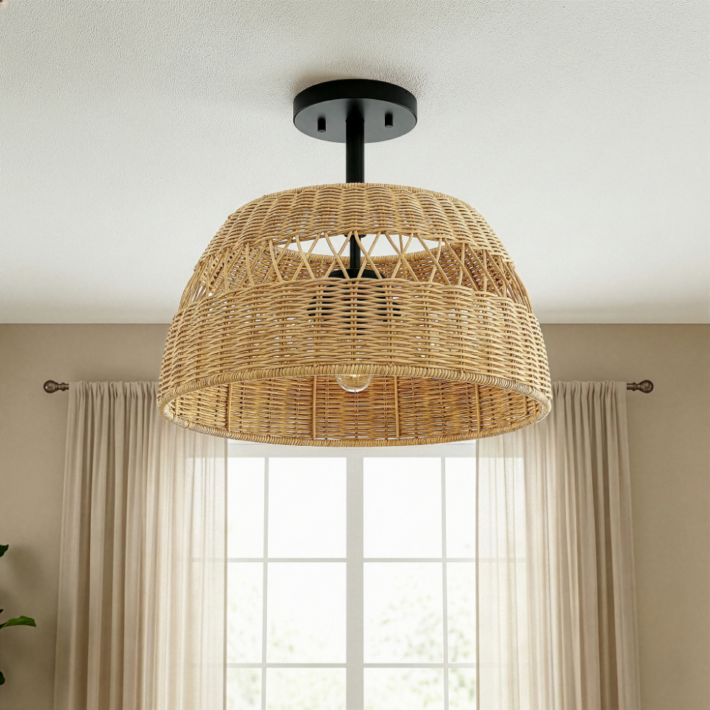Twinkle Double Lights Semi Flush With Rattan Shade Black Metal Finish for Farmhouse Style from Ashcroft Furniture - Luna Furniture