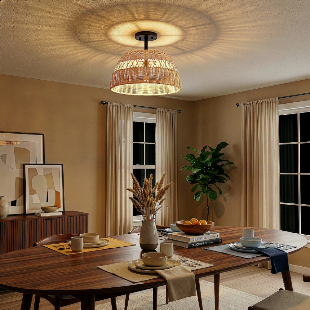 Twinkle Double Lights Semi Flush With Rattan Shade Black Metal Finish for Farmhouse Style from Ashcroft Furniture - Luna Furniture