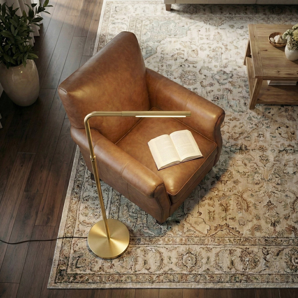 Verve Brassed Gold Floor Lamp with On/Off Switch Adjustable Led Round Base from Ashcroft Furniture - Luna Furniture