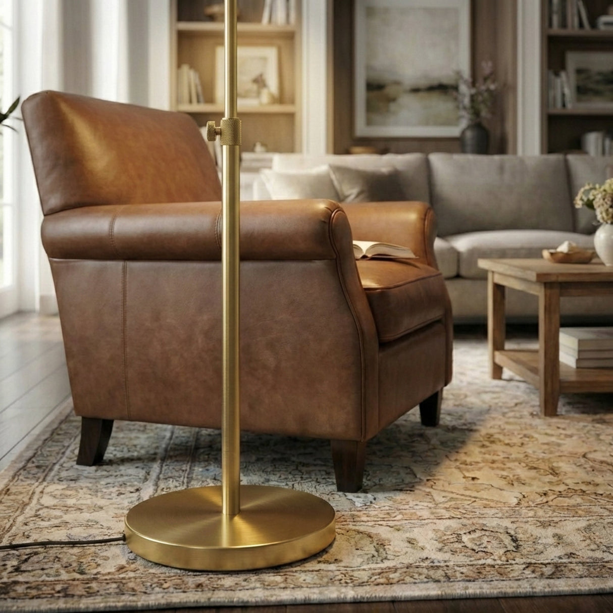 Verve Brassed Gold Floor Lamp with On/Off Switch Adjustable Led Round Base from Ashcroft Furniture - Luna Furniture