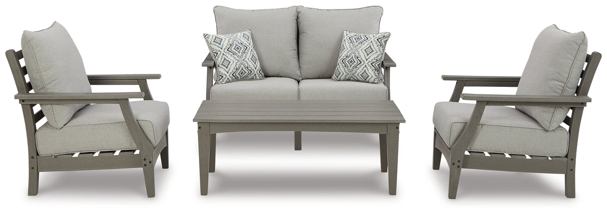 Visola Outdoor Loveseat and 2 Chairs with Coffee Table in Gray from Ashley Furniture - Luna Furniture