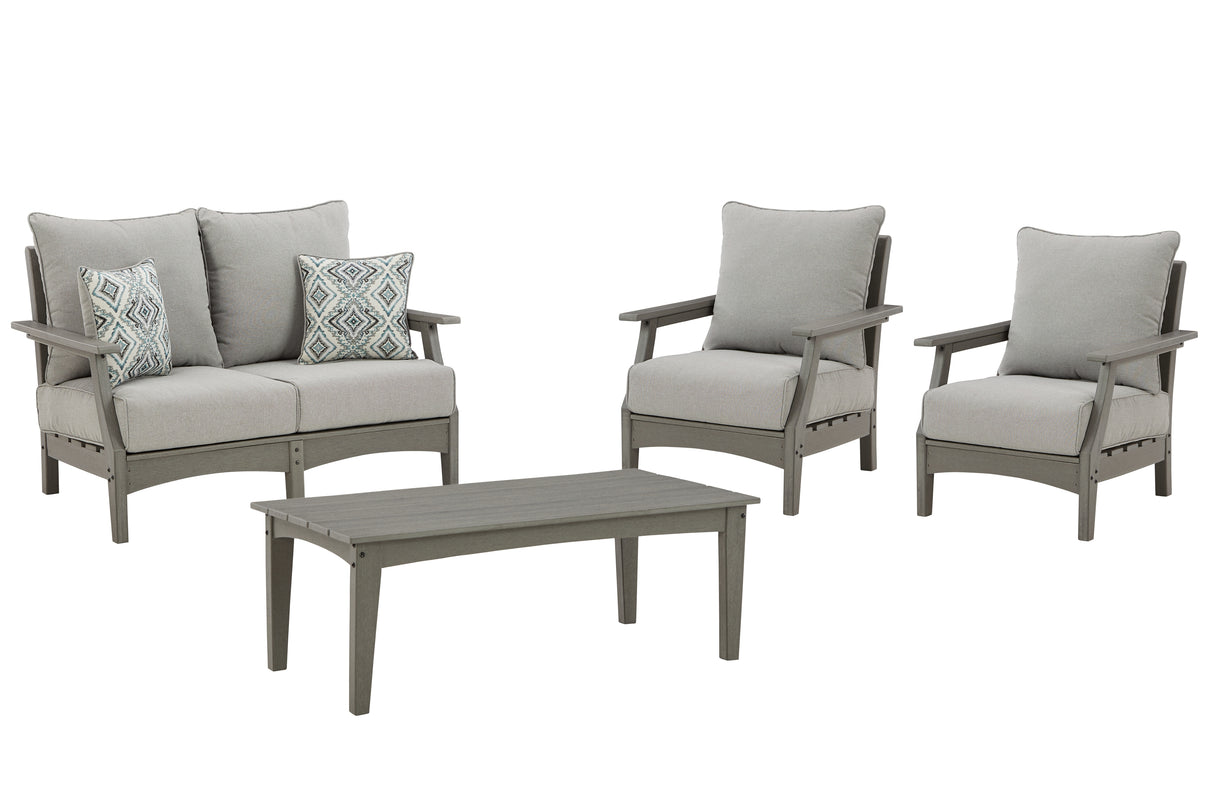 Visola Outdoor Loveseat and 2 Lounge Chairs with Coffee Table in Gray from Ashley - Luna Furniture
